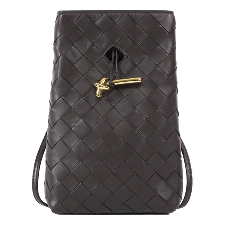 Bottega Veneta Dark Brown Andiamo Intrecciato Leather Phone Pouch