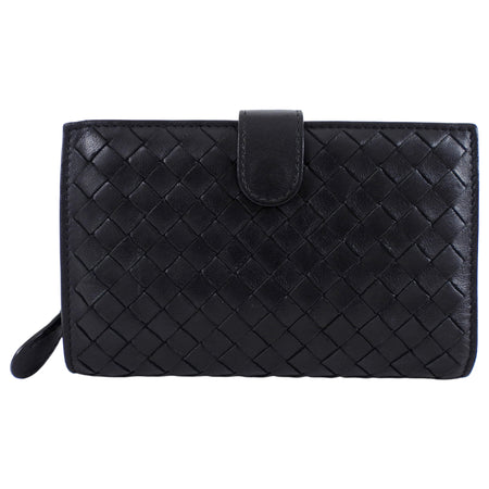 Bottega Venetta Black Intrecciato Leather French Wallet