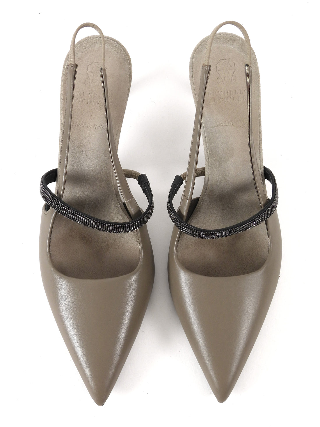 Brunello Cucinelli Taupe City Leather Sling Back 55mm Pointed Toe Monili Pumps - 37