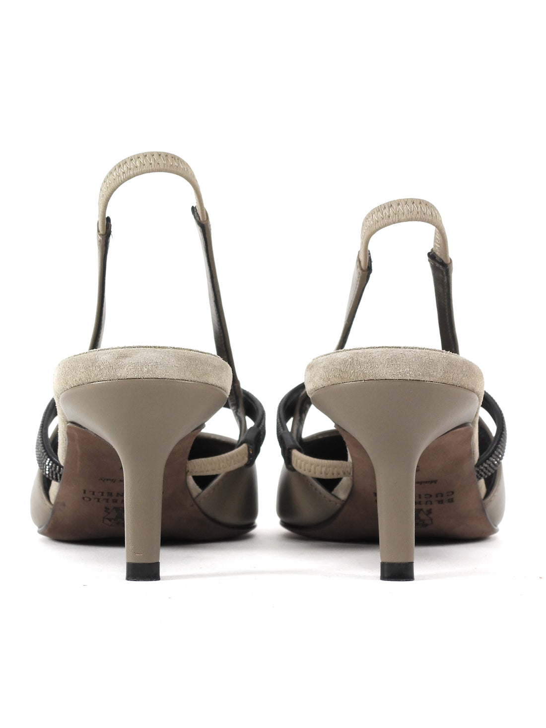 Brunello Cucinelli Taupe City Leather Sling Back 55mm Pointed Toe Monili Pumps - 37