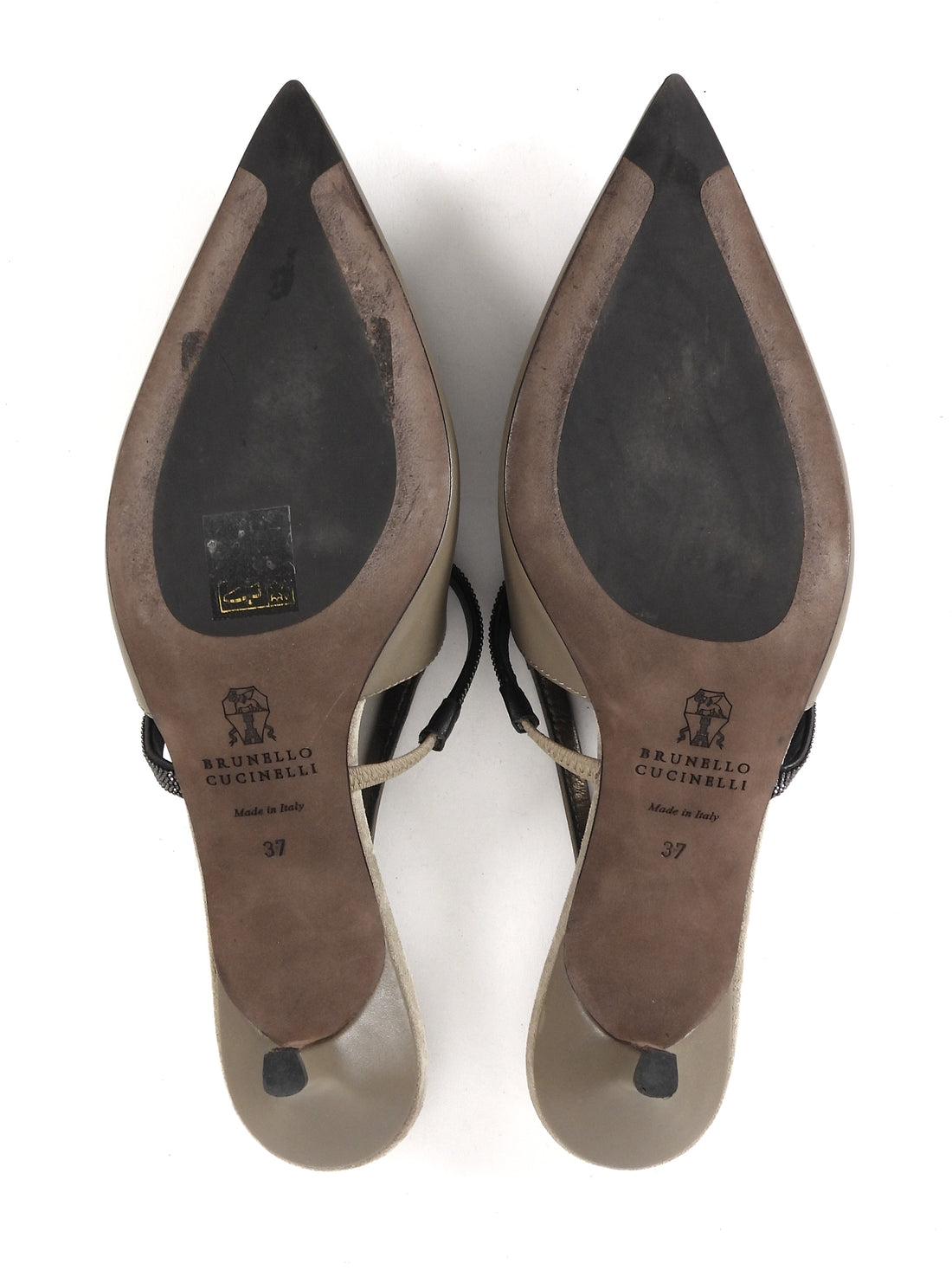Brunello Cucinelli Taupe City Leather Sling Back 55mm Pointed Toe Monili Pumps - 37