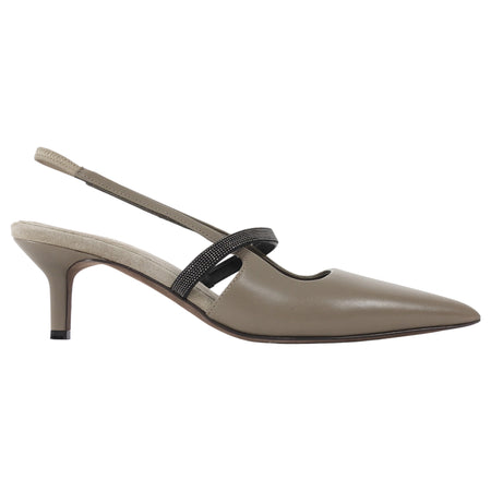 Brunello Cucinelli Taupe City Leather Sling Back 55mm Pointed Toe Monili Pumps - 37