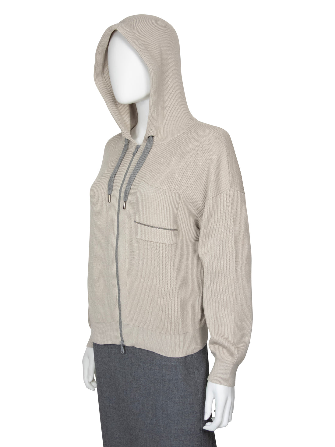 Brunello Cucinelli Grey Cotton Zib Knit Monili Zip Hoodie - M