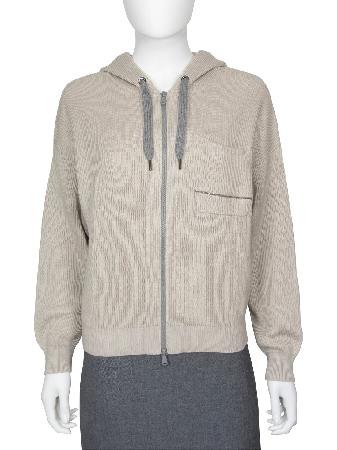 Brunello Cucinelli Grey Cotton Zib Knit Monili Zip Hoodie - M