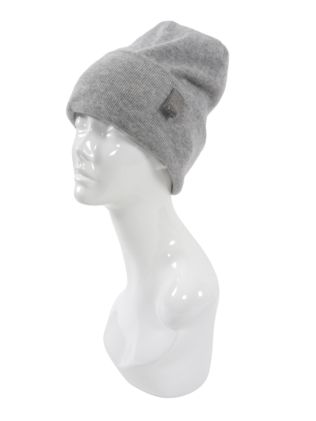 Brunello Cucinelli Light Grey Cashmere Stretch Knit Silver Monili Detail Toque Hat