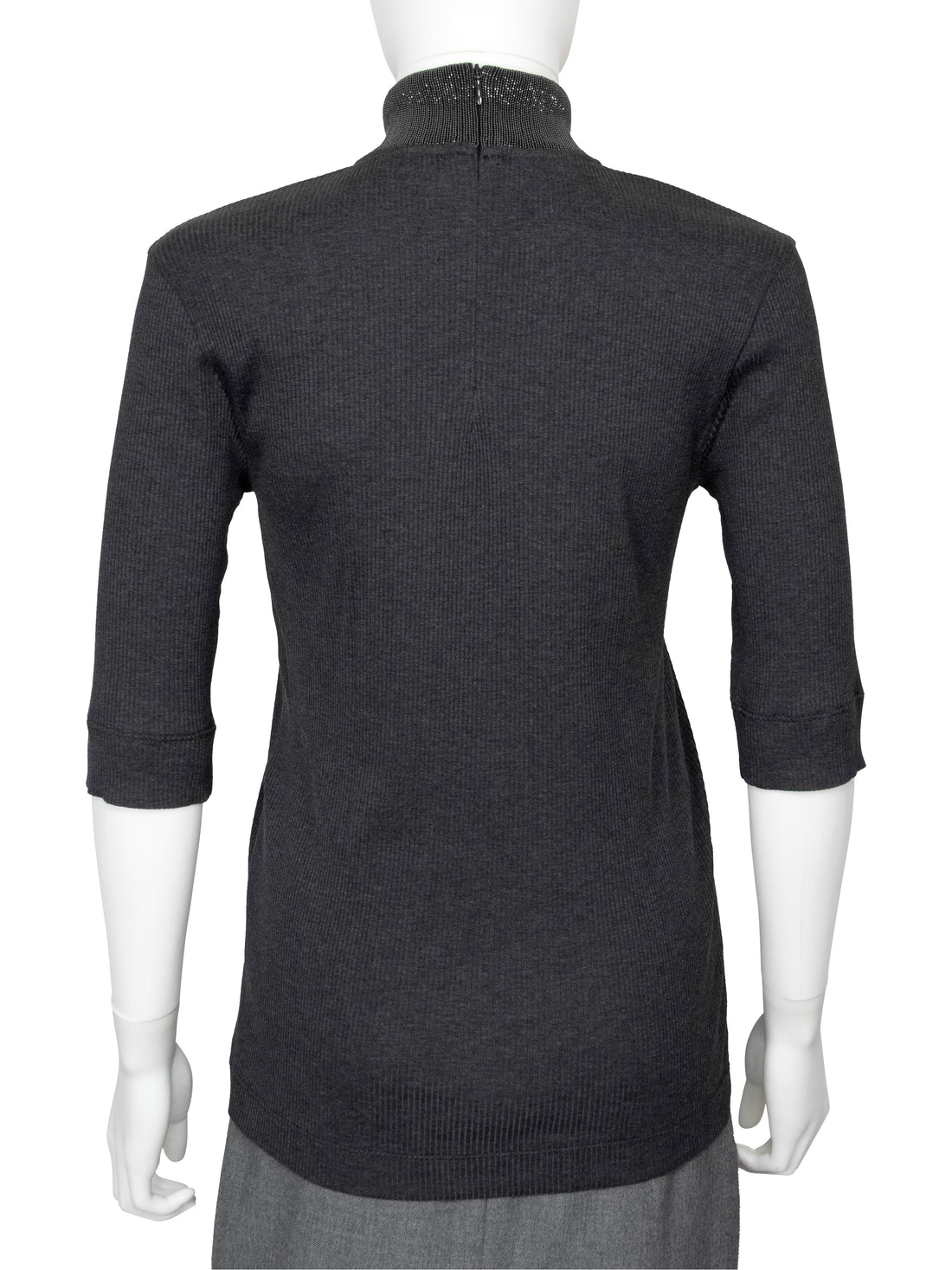 Brunello Cucinelli Charcoal Grey Cotton Rib Monili Neck Tee Shirt - L