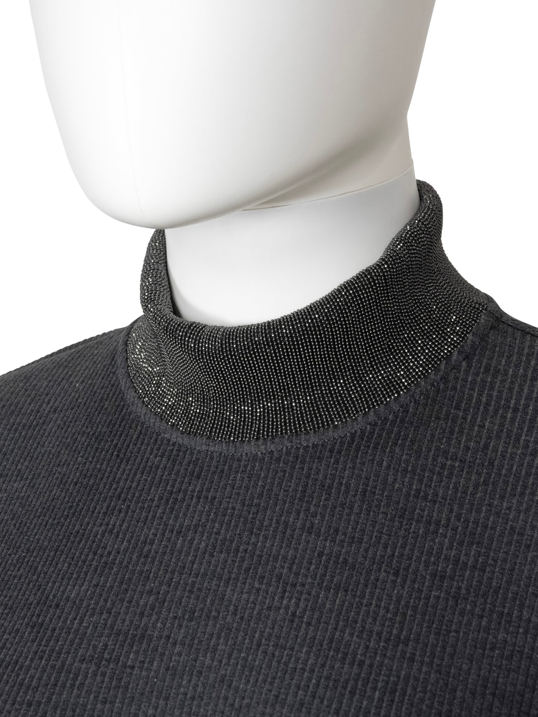 Brunello Cucinelli Charcoal Grey Cotton Rib Monili Neck Tee Shirt - L