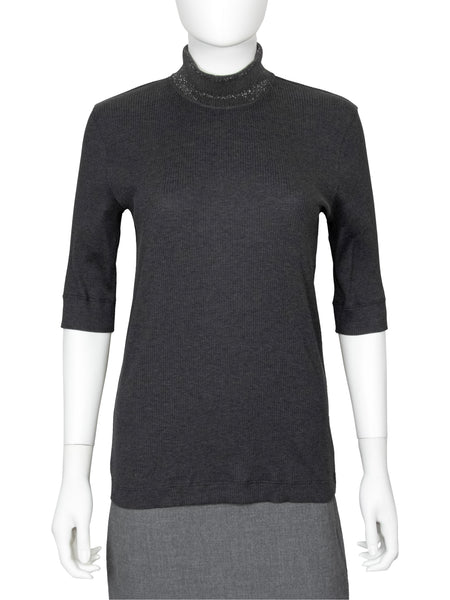 Brunello Cucinelli Charcoal Grey Cotton Rib Monili Neck Tee Shirt - L