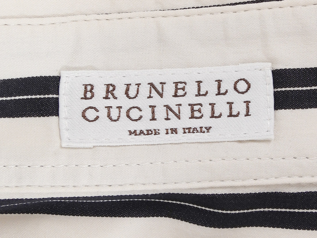 Brunello Cucinelli Black Ivory Stripe Sequin Embroidered Shirt Dress - S / US 4-6