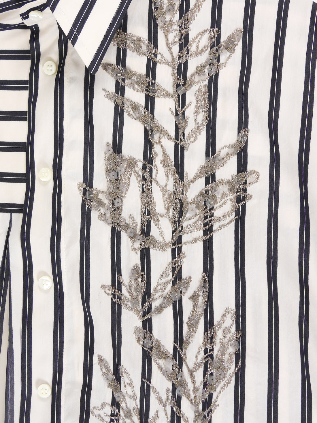 Brunello Cucinelli Black Ivory Stripe Sequin Embroidered Shirt Dress - S / US 4-6