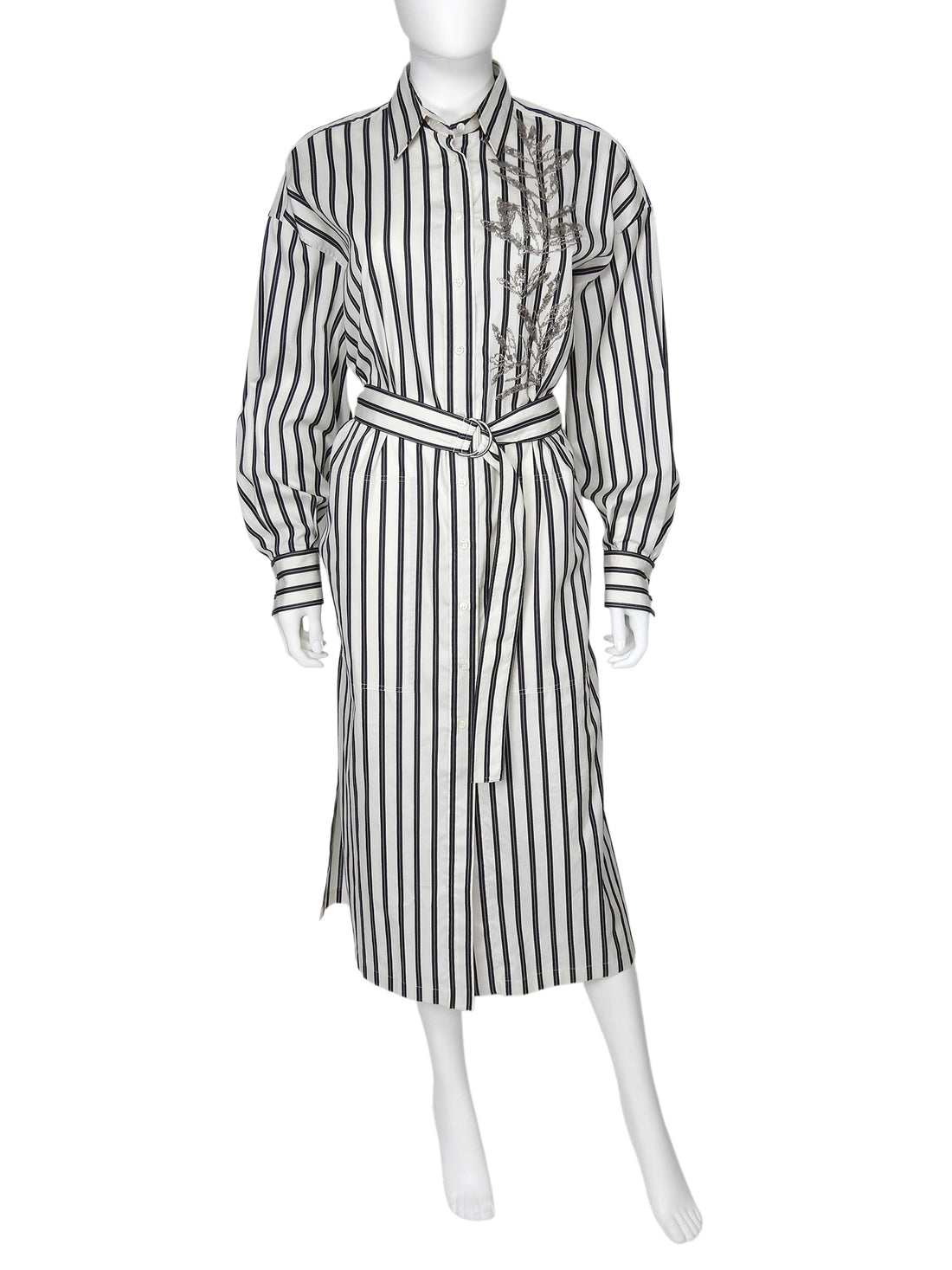 Brunello Cucinelli Black Ivory Stripe Sequin Embroidered Shirt Dress - S / US 4-6