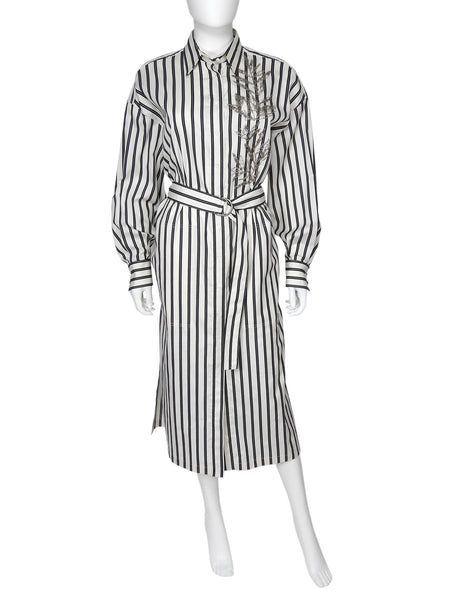 Brunello Cucinelli Black Ivory Stripe Sequin Embroidered Shirt Dress - S / US 4-6