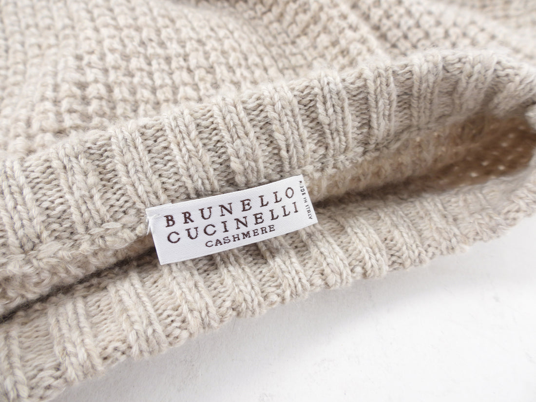 Brunello Cucinelli Light Greige Cashmere Crop Sweater with Bead Detail - S