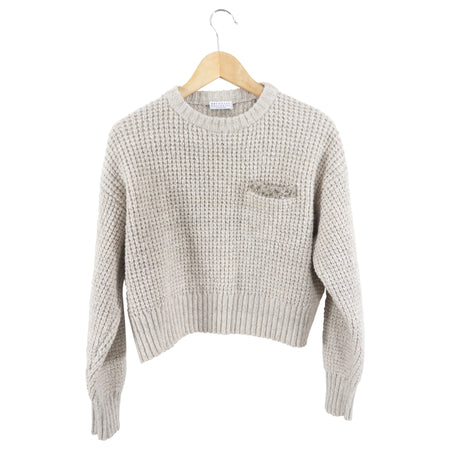 Brunello Cucinelli Light Greige Cashmere Crop Sweater with Bead Detail - S