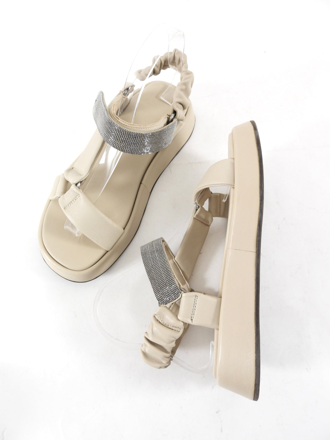 Brunello Cucinelli Light Ecru Beige Leather Monili Flatform Sandals - 37