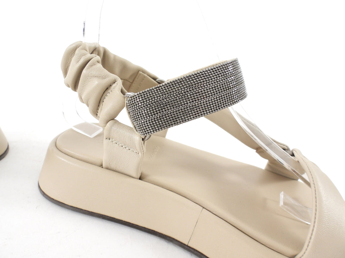 Brunello Cucinelli Light Ecru Beige Leather Monili Flatform Sandals - 37