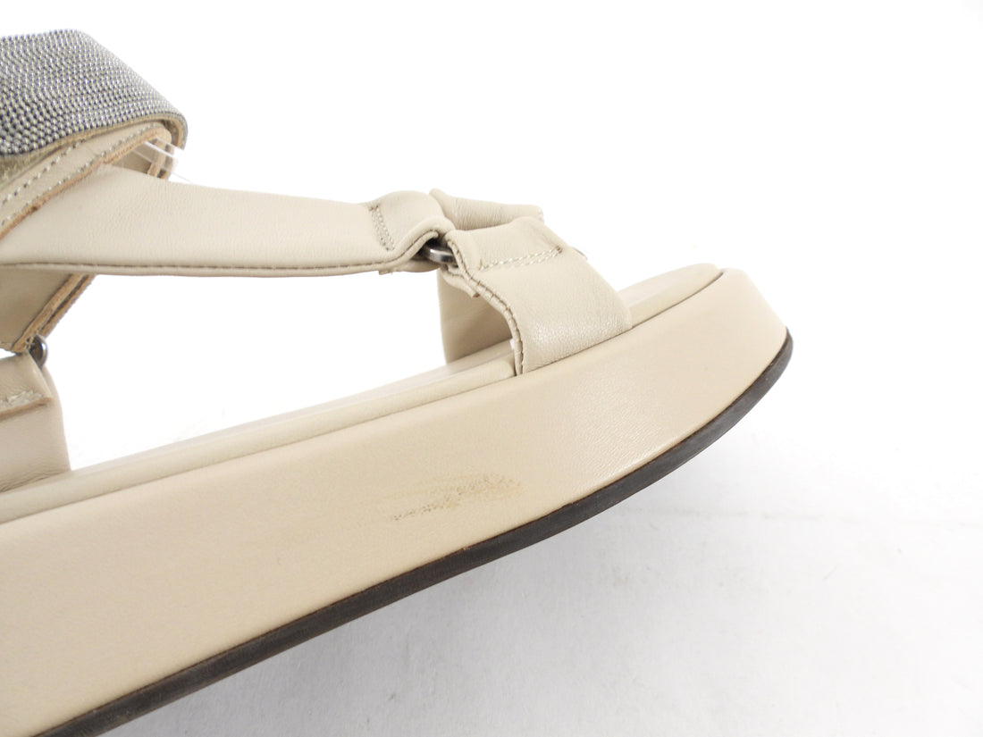 Brunello Cucinelli Light Ecru Beige Leather Monili Flatform Sandals - 37