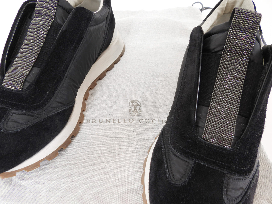 Brunello Cucinelli Black Nylon and Suede Slip on Sneakers with Monili Detail - 40