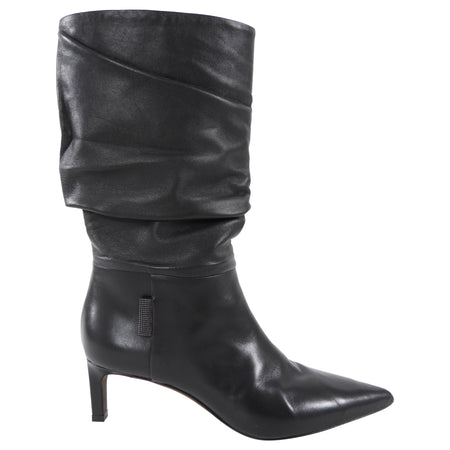 Brunello Cucinelli Black Leather Slouch Mid Boot - 36.5