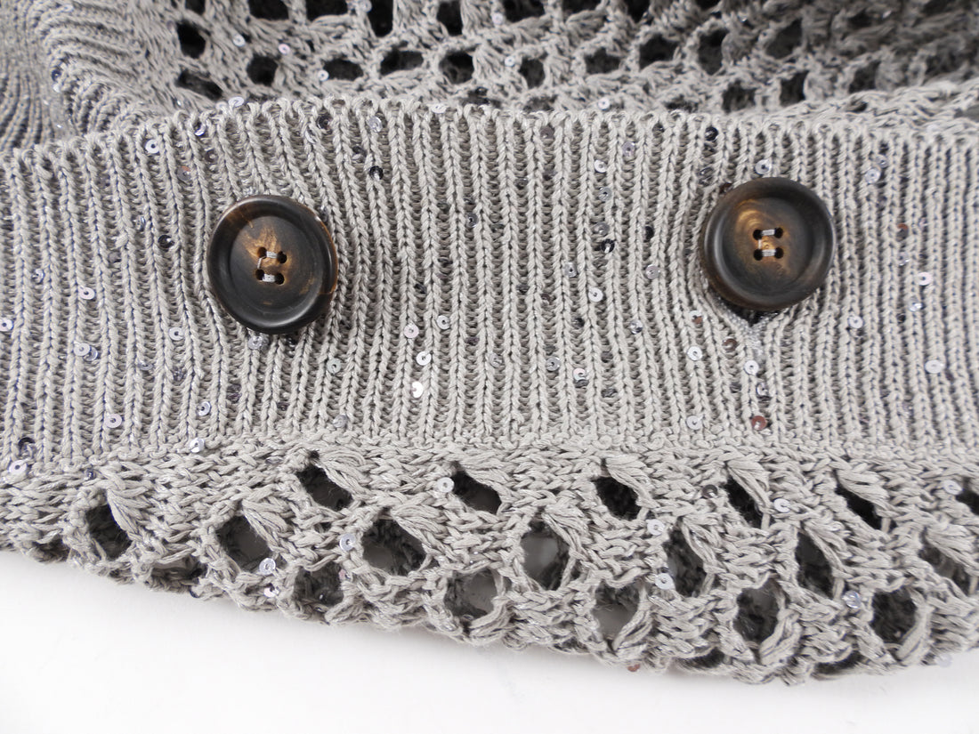 Brunello Cucinelli Grey Open Knit Sequin Cardigan Sweater - S