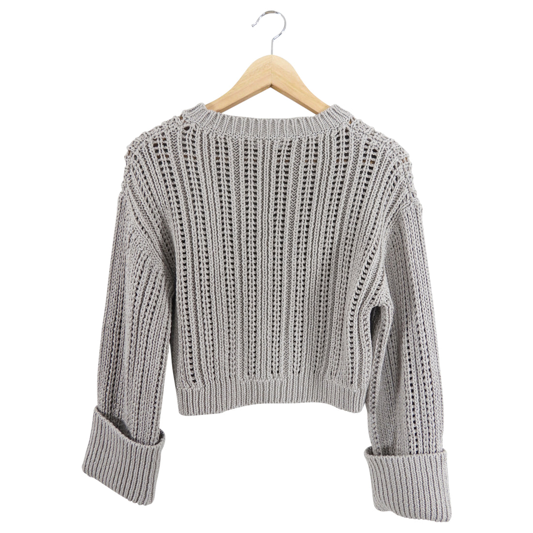 Brunello Cucinelli Grey Crop Knit Sweater with Cuffed Sleeves - S