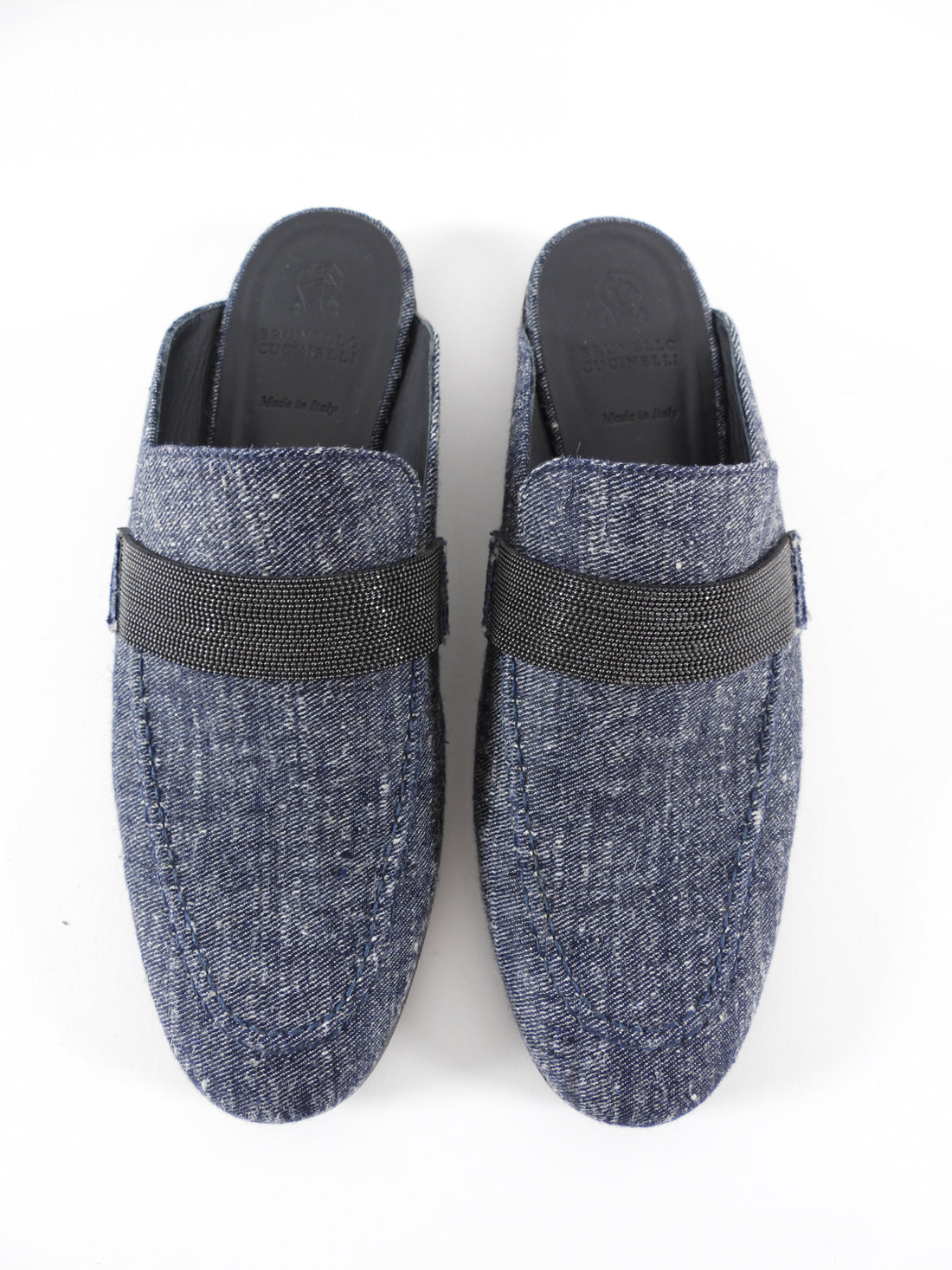 Brunello Cucinelli Denim Monili Bead Flat Slipper Mules - 38.5 / 8