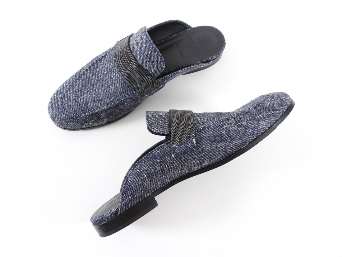 Brunello Cucinelli Denim Monili Bead Flat Slipper Mules - 38.5 / 8