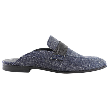 Brunello Cucinelli Denim Monili Bead Flat Slipper Mules - 38.5 / 8
