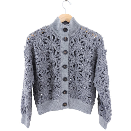 Brunello Cucinelli Grey Open Knit Sequin Short Cardigan Sweater - S (4/6)