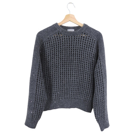 Brunello Cucinelli Grey Grid Knit Cashmere Sequin Shimmer Sweater - S