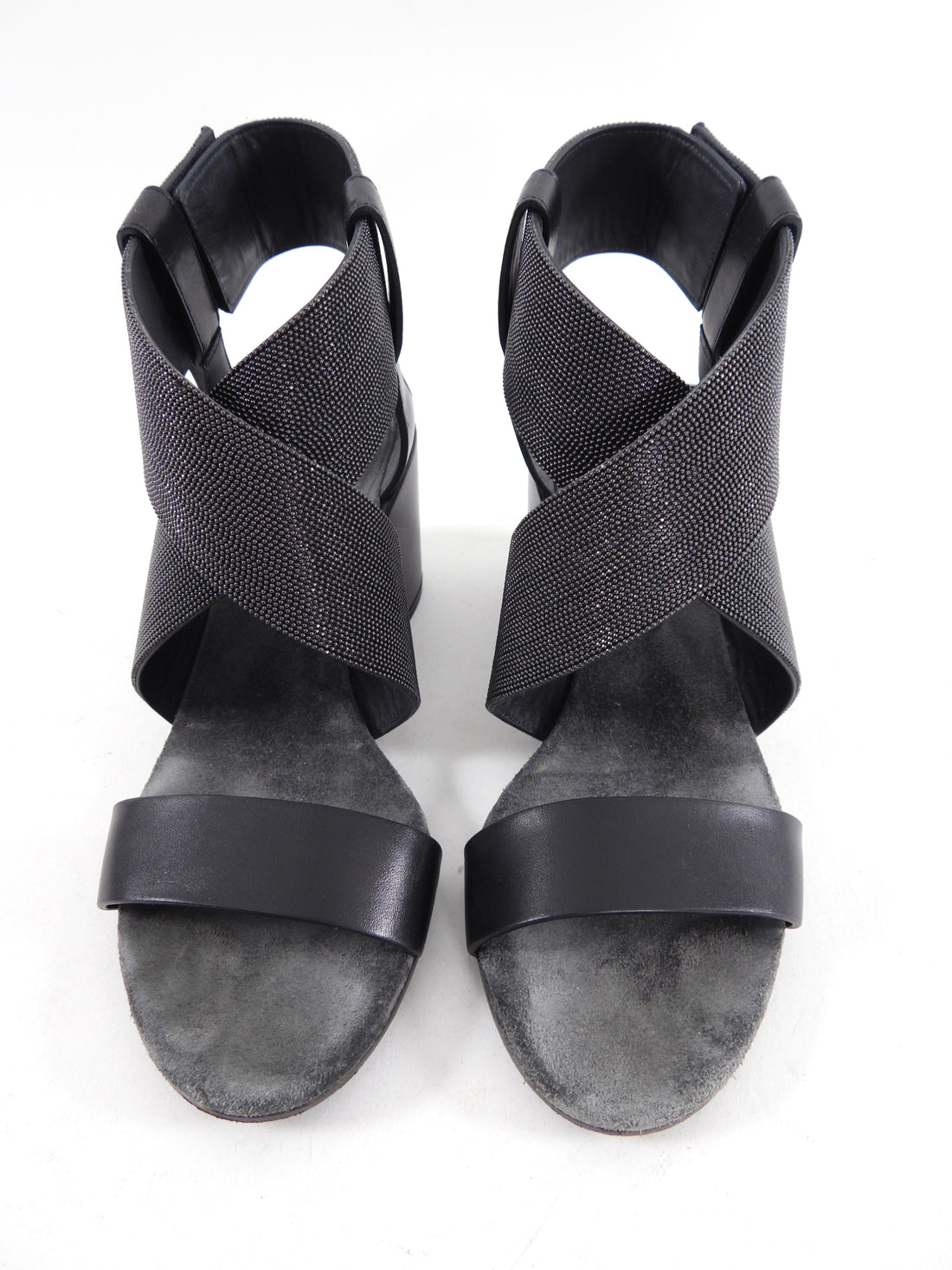 Brunello Cucinelli Grey Leather Monili Block Heel Sandals - 37