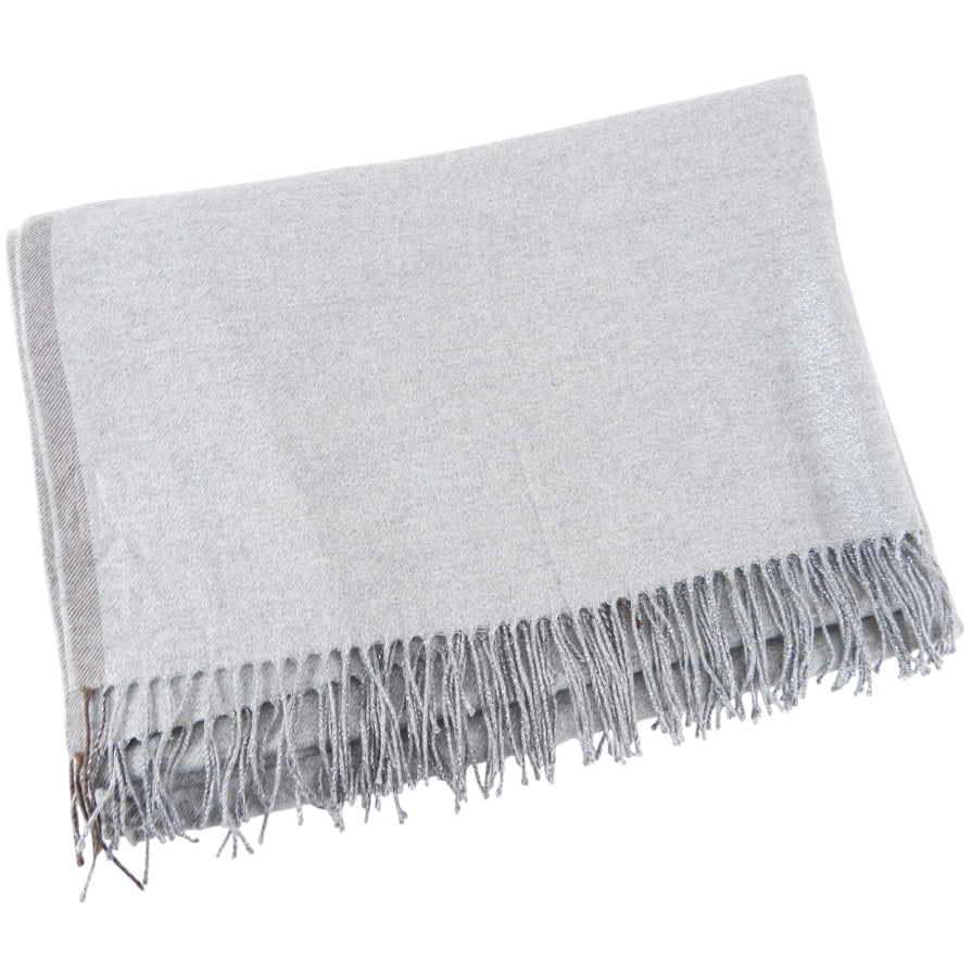 Brunello Cucinelli Light Grey Silk Blend Shimmer Fringe Shawl Scarf