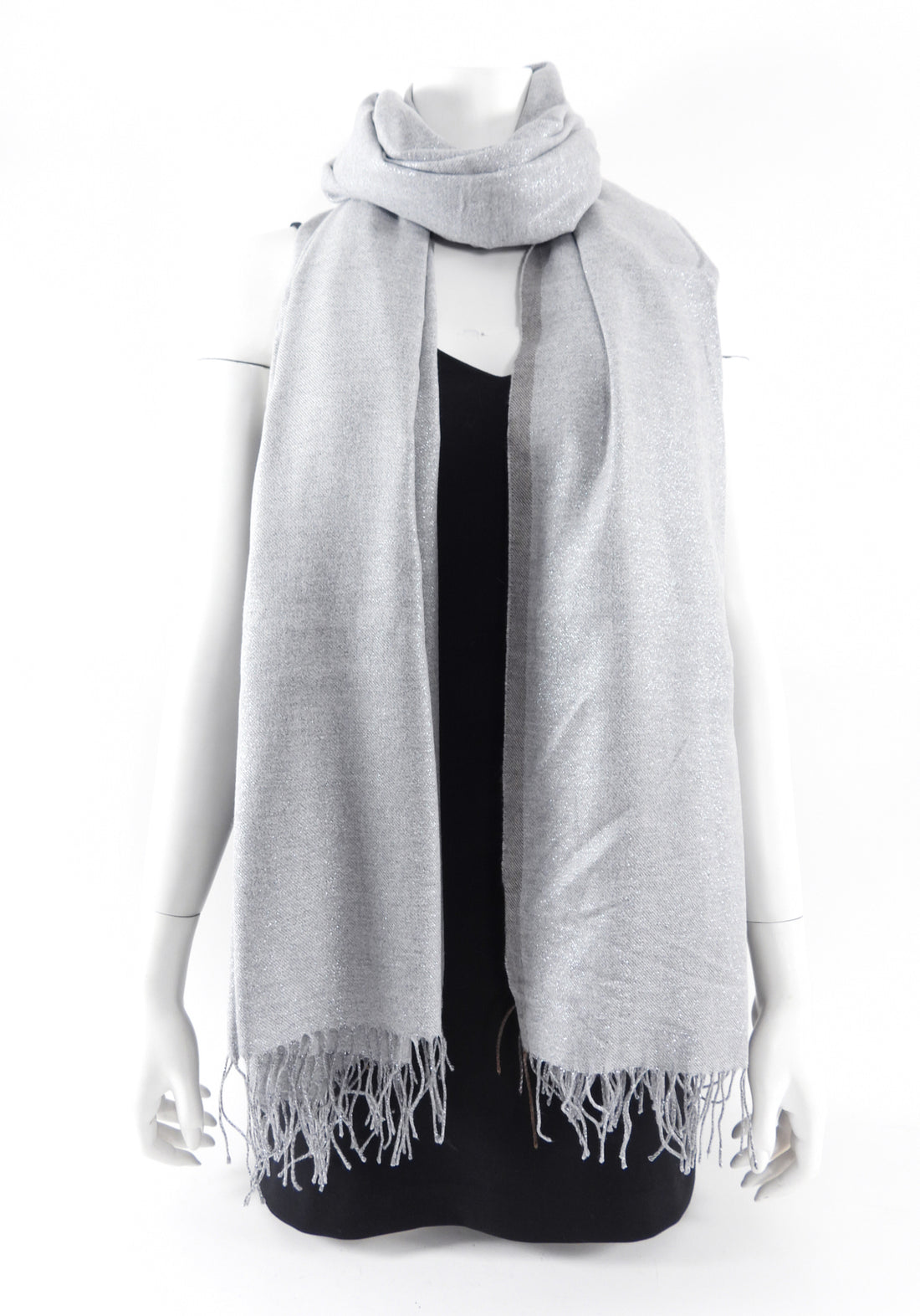 Brunello Cucinelli Light Grey Silk Blend Shimmer Fringe Shawl Scarf