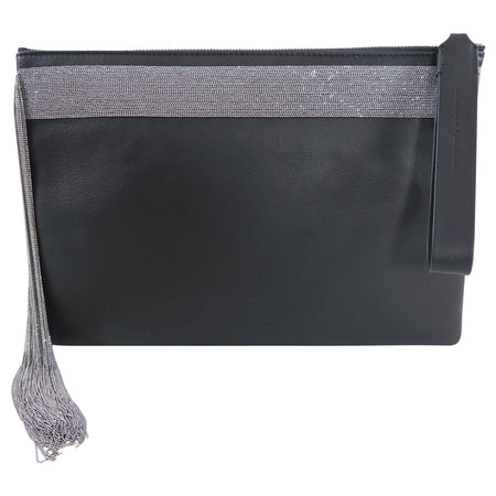Brunello Cucinelli Charcoal Grey Leather Monili Fringe Zip Pouch / Clutch Bag