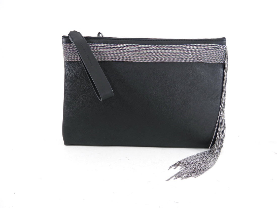 Brunello Cucinelli Charcoal Grey Leather Monili Fringe Zip Pouch / Clutch Bag