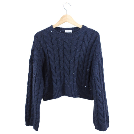 Brunello Cucinelli Navy Shimmer Sequin Cashmere Cable Knit Sweater - S