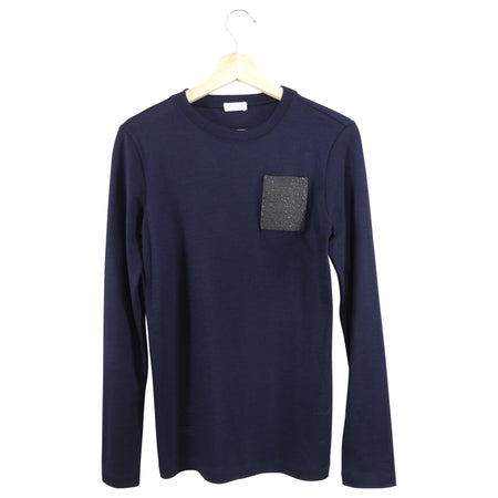 Brunello Cucinelli Navy Blue Long Sleeve Knit Top with Monili Pocket - 6