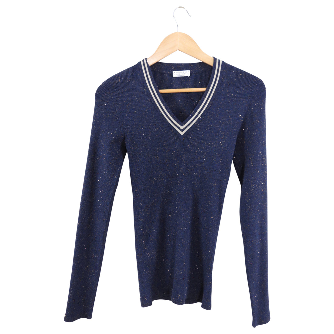 Brunello Cucinelli Navy Blue Stripe V-Neck Sweater- S