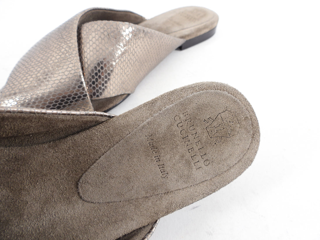 Brunello Cucinelli Pewter Metallic Leather Flat Slides - 38.5 / 8