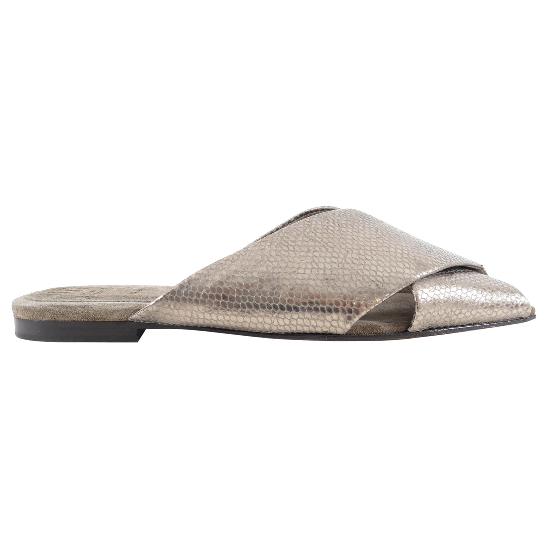 Brunello Cucinelli Pewter Metallic Leather Flat Slides - 38.5 / 8