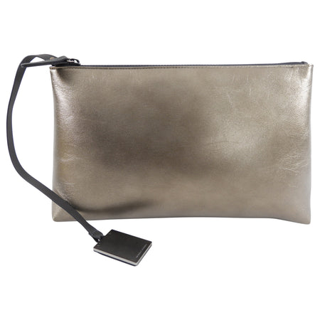 Brunello Cucinelli Pewter Metallic Leather Zip Large Pouch / Clutch Bag