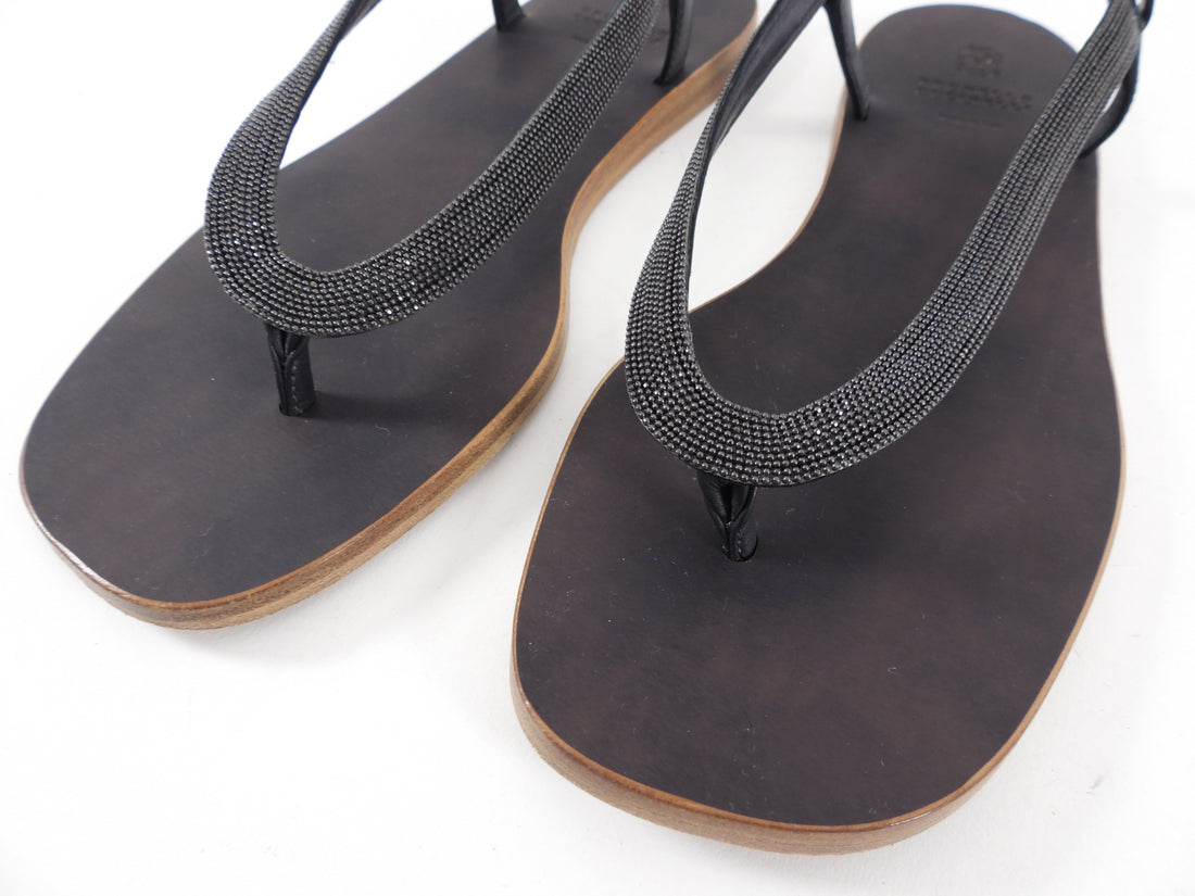 Brunello Cucinelli Dark Grey Monili Flat Sandals - 38.5