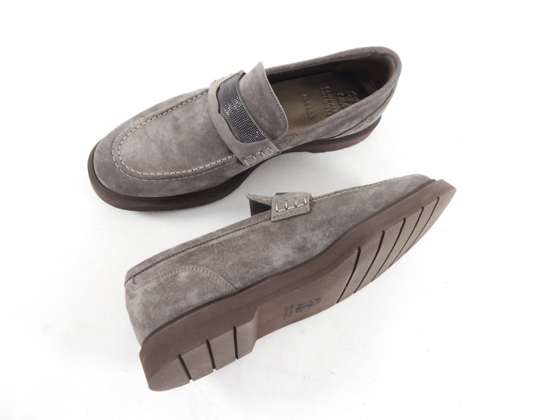 Brunello Cucinelli Grey Suede Monili Loafers - 37