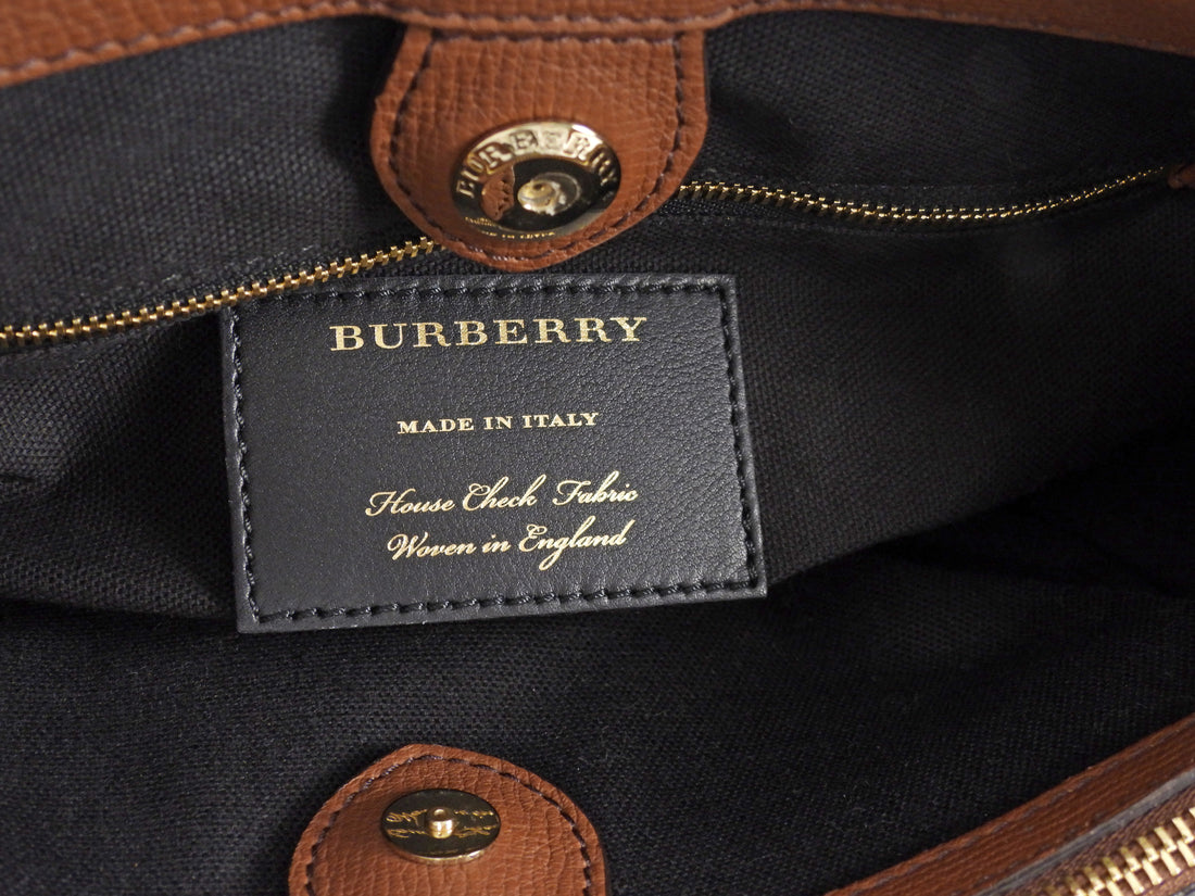 Burberry Tan Brown Grained Derby Leather and Check Banner Tote Bag