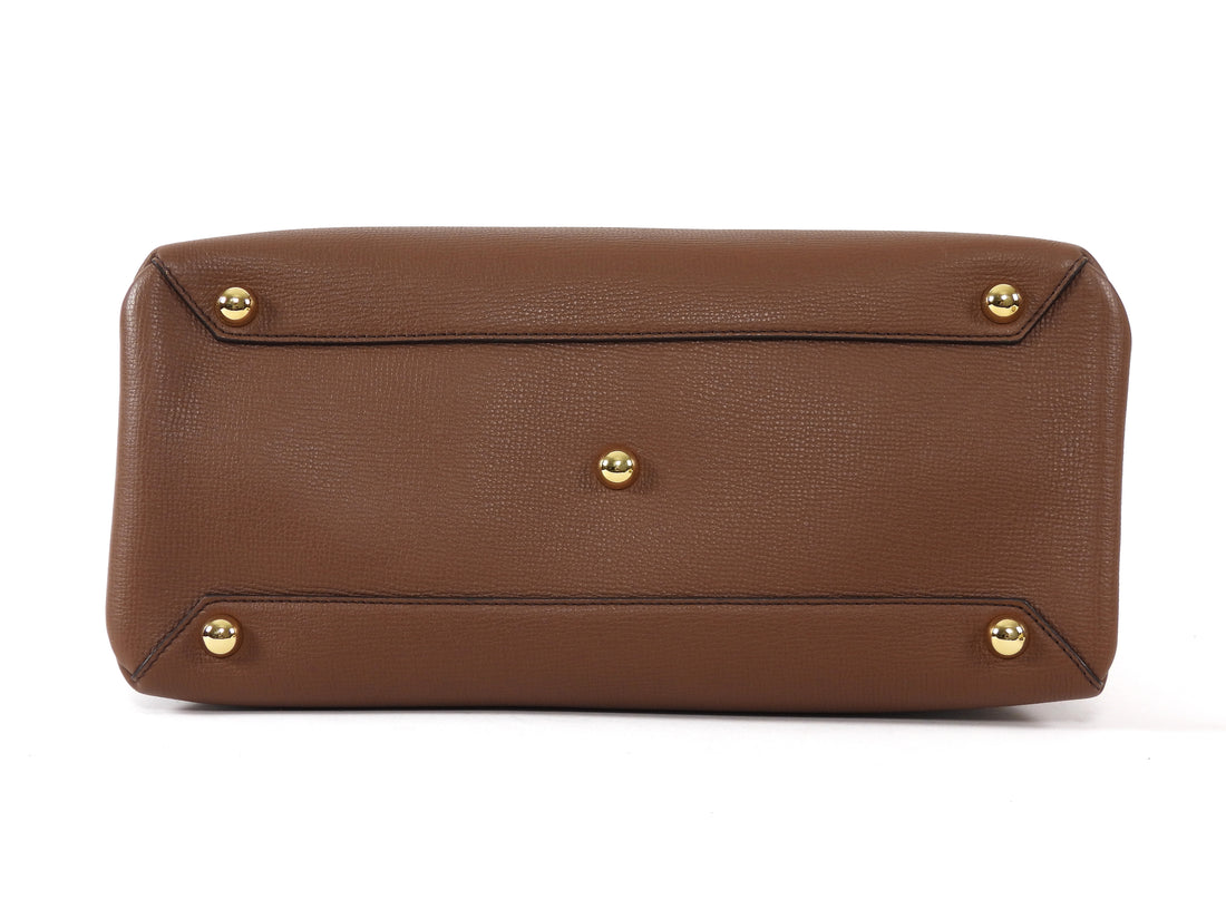 Burberry Tan Brown Grained Derby Leather and Check Banner Tote Bag