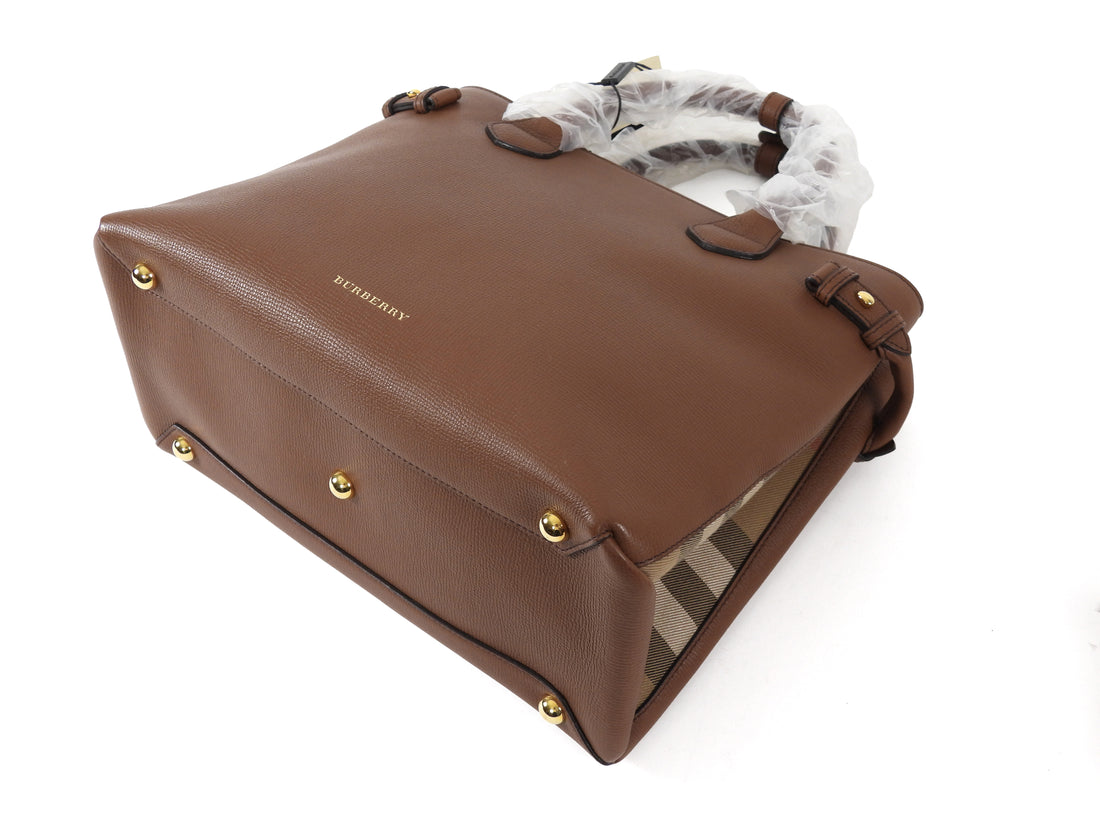 Burberry Tan Brown Grained Derby Leather and Check Banner Tote Bag