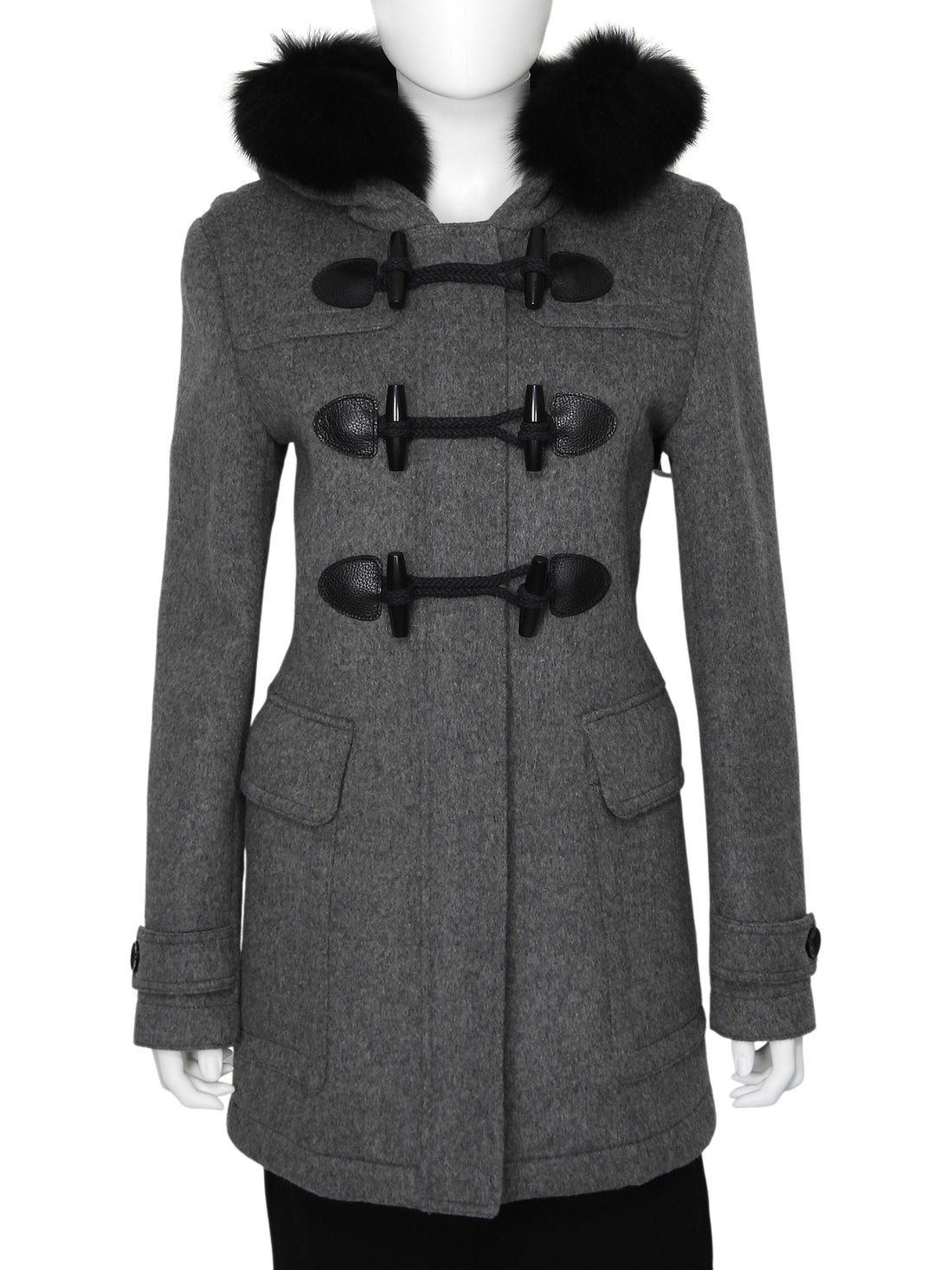 Burberry Britt Grey and Black Blackwell Wool Duffle Coat with Fur Trim Hood - UK 12 / US 10 /  EU 44