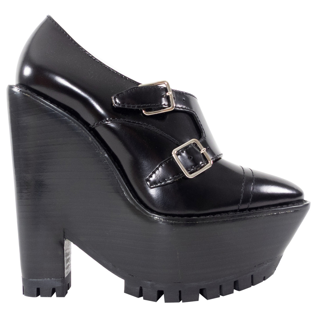 Burberry Prorsum Black Leather Monk Double Buckle Wedge Platform Heels - 37