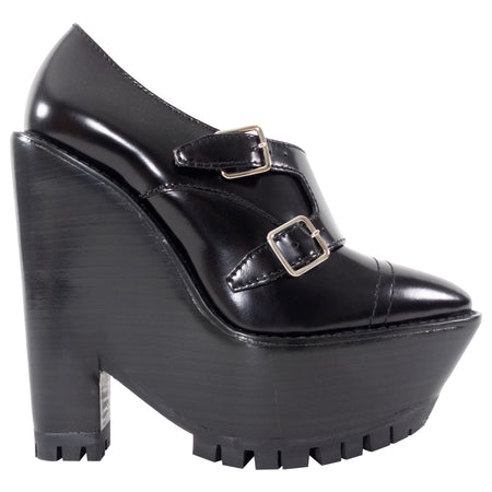 Burberry Prorsum Black Leather Monk Double Buckle Wedge Platform Heels - 37