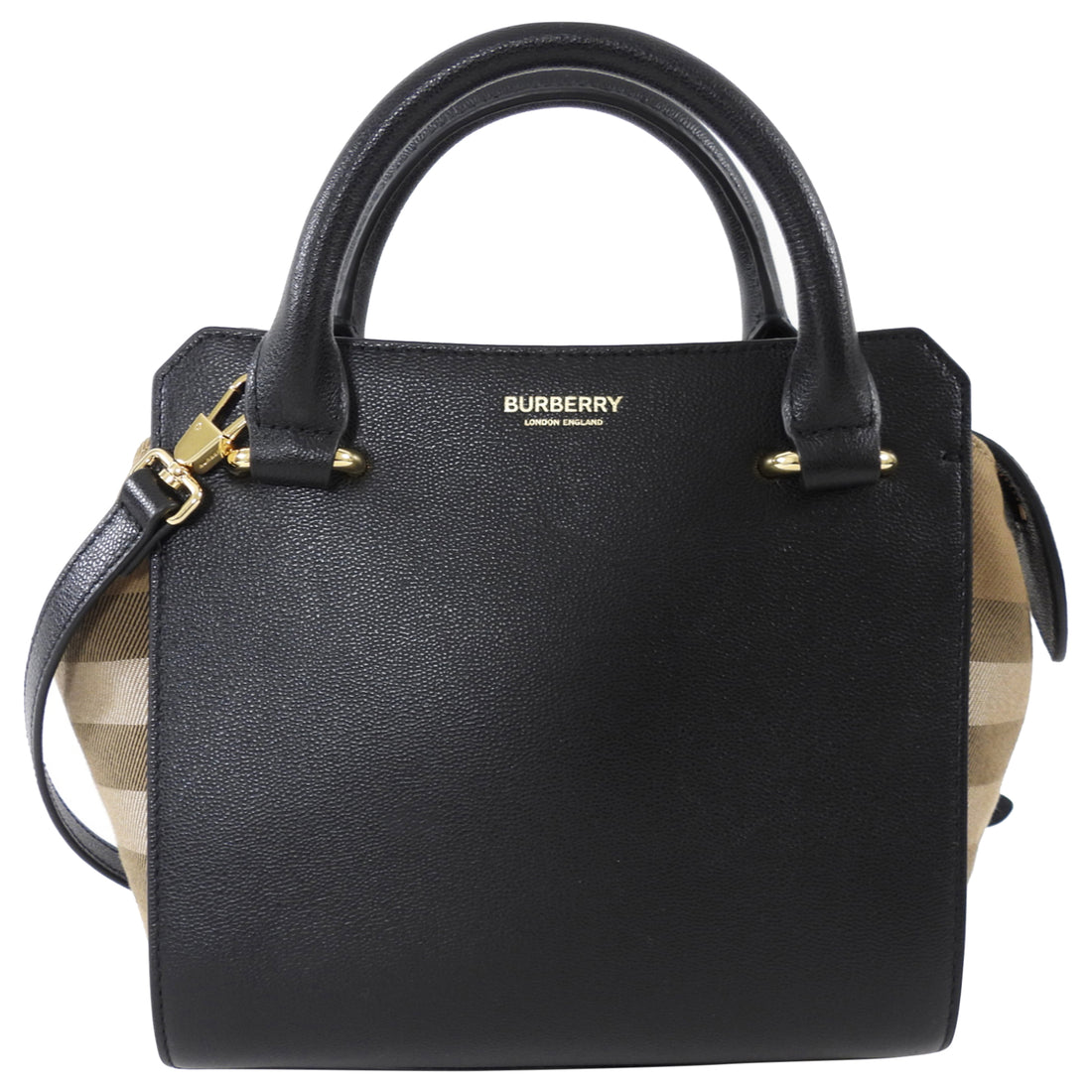 Burberry Black Leather House Check Mini Banwell Two Way Tote Bag